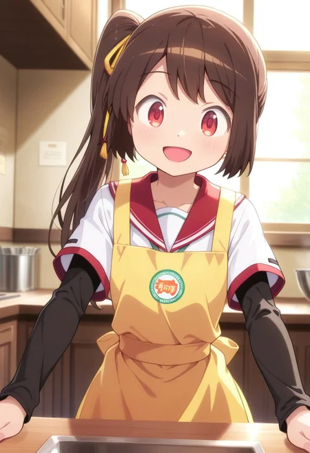 masterpiece,best quality,amazing quality, tsuruno yui, brown hair, red eyes, long hair, side ponytail, 1girl, layered sleeves, short over long sleeves, red sailor collar, solo, dot nose, school uniform, serafuku, smile, sailor collar, indoors, long sleeves, apron, open mouth