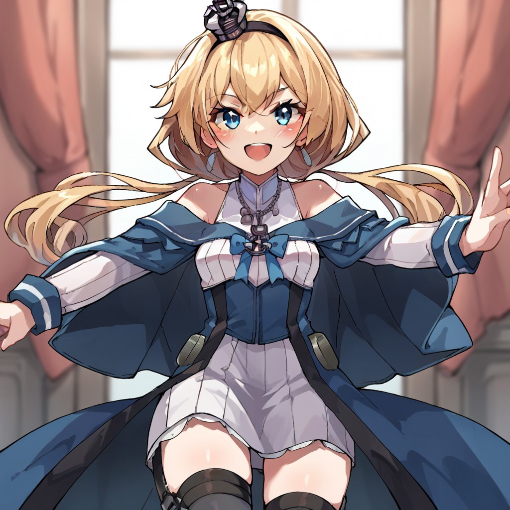 score_9, score_8, score_7, source_anime, valiant (kancolle), twintails, thighhighs, validress, POV, looking at viewer, blush, smile, open mouth, upper teeth only