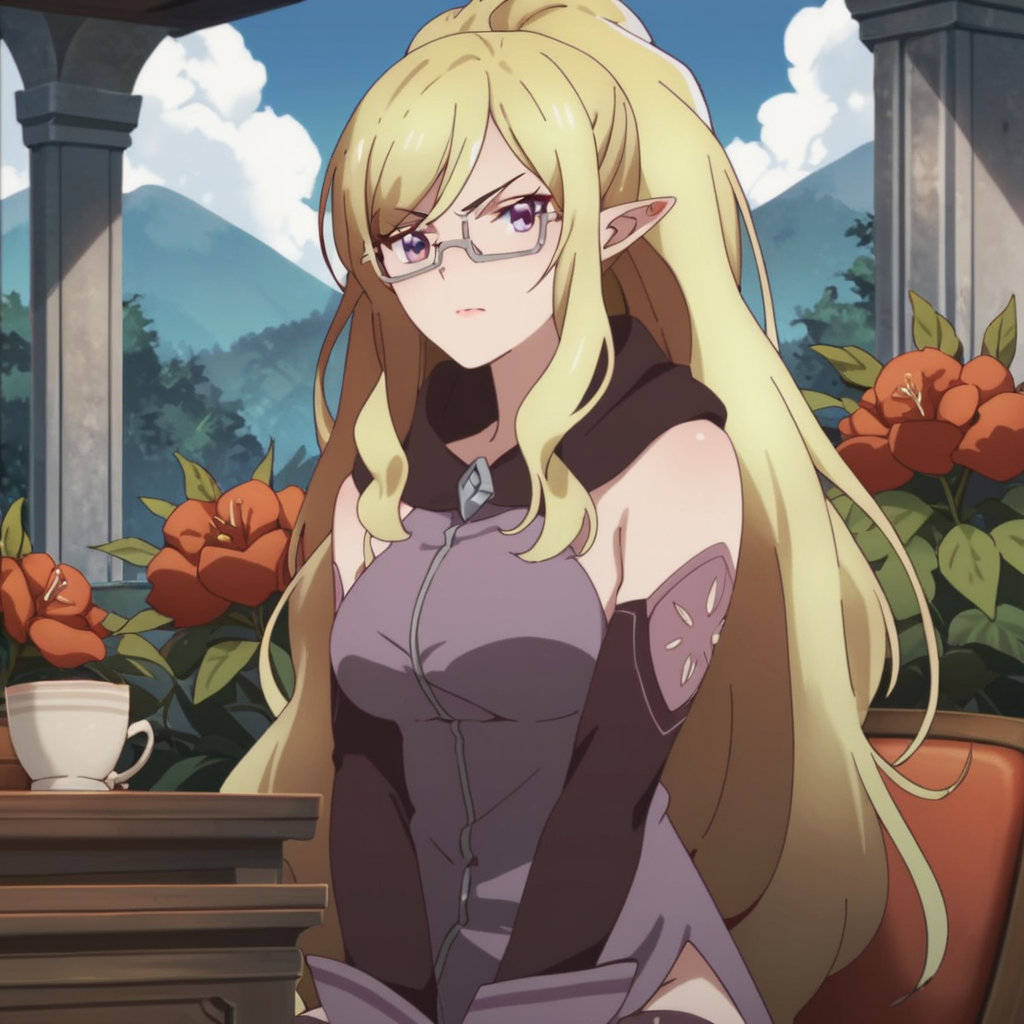score_9, score_8_up, score_7_up, score_6_up, score_5_up, score_4_up, source_anime, , Steina, elf, glasses, sitting, serious