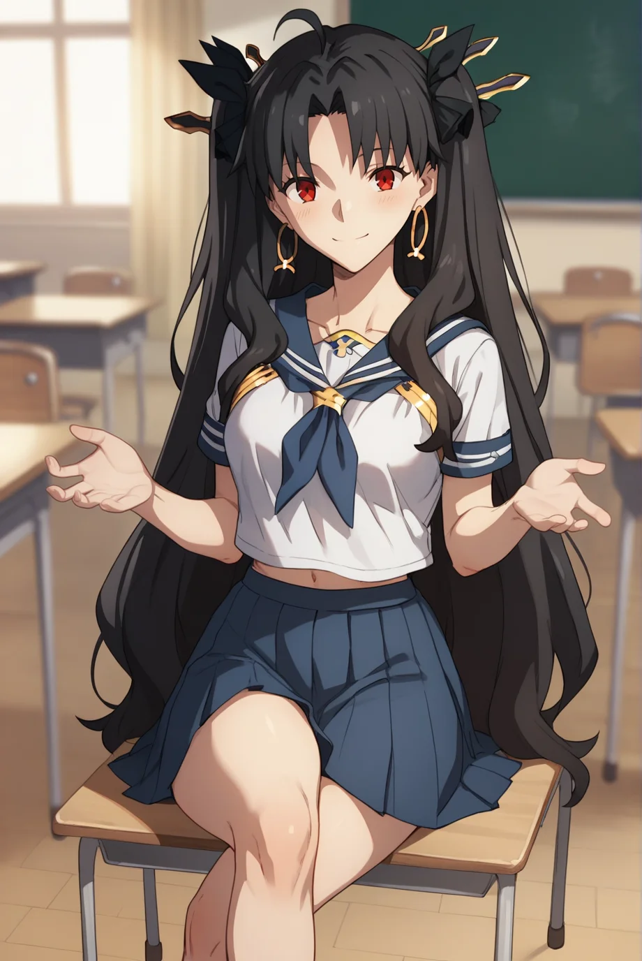 score_9, score_8_up, score_7_up, score_6_up, score_5_up, score_4_up, BREAK source_anime, 1girl, solo,
<lora:IshtarXL-v1-06:0.7>, ChopioIshtar, black hair, hair ribbon, very long hair, two side up, parted bangs, ahoge, red eyes, looking at viewer,
long legs, medium breasts, (thick thighs:0.8),
white serafuku, blue sailor collar, white shirt, blue neckerchief, blue skirt, pleated skirt,
classroom, standing, smile, seductive pose, crossed legs,