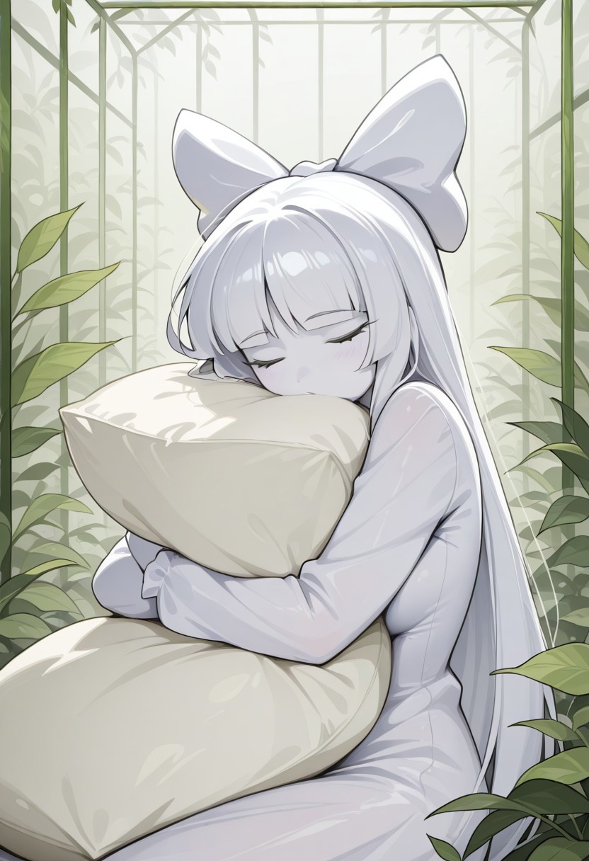 1girl, solo, PA (Sburb.exe), White hair, straight hair, hair bow, blunt bangs, Simple eyes, black eyes, White bow, Colored skin, white skin, voluptuous, in greenhouse, greenhouse background, sleeping, hugging pillow, masterpiece, best quality, amazing quality,