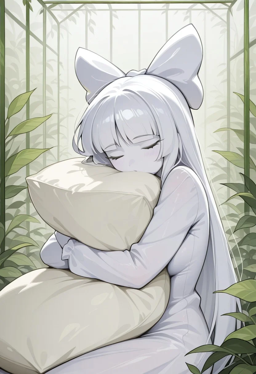 1girl, solo, PA (Sburb.exe), White hair, straight hair, hair bow, blunt bangs, Simple eyes, black eyes, White bow, Colored skin, white skin, voluptuous, in greenhouse, greenhouse background, sleeping, hugging pillow, masterpiece, best quality, amazing quality,
