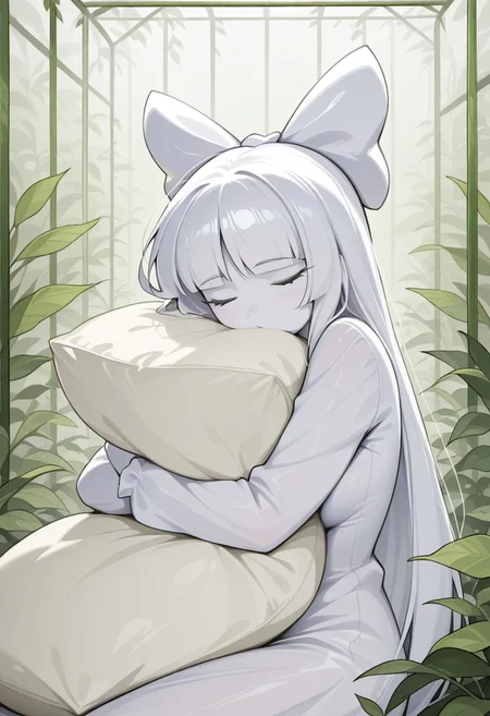 1girl, solo, PA (Sburb.exe), White hair, straight hair, hair bow, blunt bangs, Simple eyes, black eyes, White bow, Colored skin, white skin, voluptuous, in greenhouse, greenhouse background, sleeping, hugging pillow, masterpiece, best quality, amazing quality,