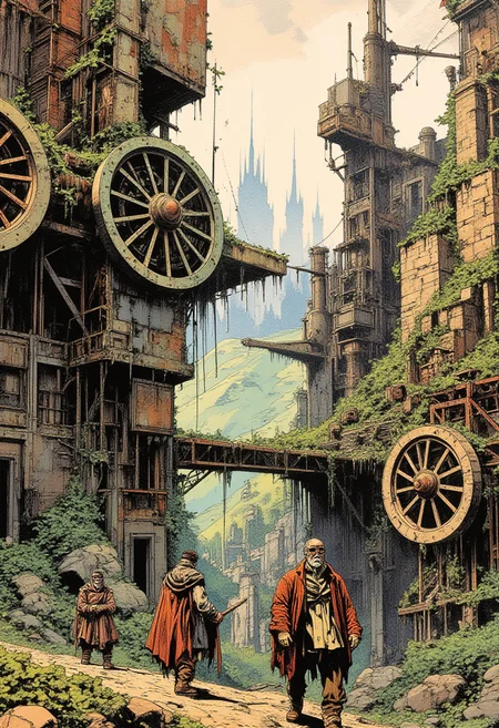 An illustration inspired by The Keepers of the Maser by Massimiliano Frezzato captures a rich blend of futuristic machinery and natural elements, set in a fantastical post-apocalyptic world. The scene is dominated by towering, rusted mechanical structuresâmassive gears, turbines, and crumbling towersâovergrown with lush vegetation. Vines wrap around metallic beams, and large trees rise through gaps in the ruined architecture, their roots intertwining with the decaying metal. In the background, jagged cliffs and rolling hills blend into a misty horizon, where distant mechanical citadels stand silhouetted against a muted sky.
The characters, drawn in a highly detailed, expressive style, wear ragged clothing mixed with remnants of advanced technologyâsteampunk-like goggles, patched armor, and mechanical prosthetics. They appear both resilient and weary, navigating this hybrid world of organic and mechanical decay. The color palette is earthy with muted greens, browns, and rusted reds, contrasted with the occasional flash of glowing blue or green from the remnants of ancient machinery still sparking with energy. The mood is melancholic yet full of wonder, hinting at lost civilizations and the mystery of forgotten technology.