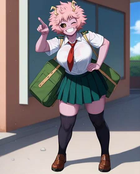 flat_color, score_9, score_8_up, score_7_up, <lora:freako_style-000010:1>, 1girl, solo, wink, wink star, solo focus, open mouth, grin, big breasts, teeth,  school outdoors, source_anime, my hero academia, Mina ashido, blush, full body, victory pose, onw hand on hip, u.a. school uniform, black thighhighs, standing, white shirt