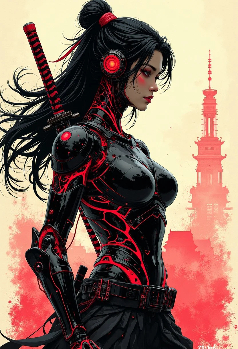 Inkplash art on sepia, rad and black inks, Silhouette Art, magnificent, inksplash poster art, female cyberpunk robot samurai, human female Japanese face, flowing black hair, reflective black and neon red armor, robot joints, body made of metals, cables and wires, a katana strapped to her back, abstract background suggesting eastern temple