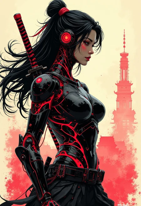 Inkplash art on sepia, rad and black inks, Silhouette Art, magnificent, inksplash poster art, female cyberpunk robot samurai, human female Japanese face, flowing black hair, reflective black and neon red armor, robot joints, body made of metals, cables and wires, a katana strapped to her back, abstract background suggesting eastern temple