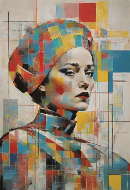 Dali, Malevitch, Rodchenko, Mondrian, Kandinsky, psychedelic hallucination, pop surrealism, rough crosshatch drawing pop art Lunatic_Portrait of a girl in latex, slick back, low bun, black makeup, sinister expression, intense glare, avant-garde, abstract, weird, geometric, constructivism, suprematism, rayonism, verticism, lineism, tj