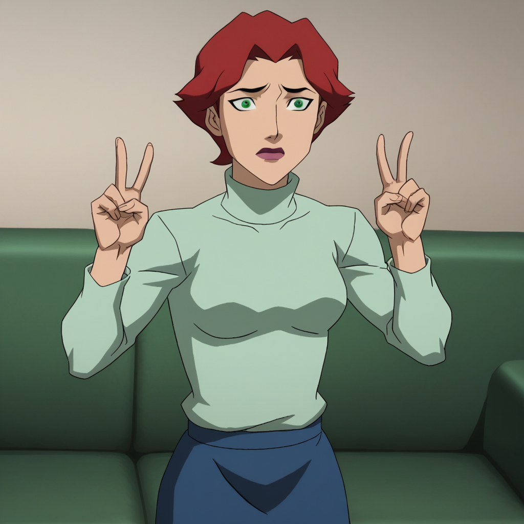 Ugly score_9_up, score_8_up, BREAK, DCAMU, 1girl, solo, red hair, short hair, green eyes, turtleneck sweater, skirt, cowboy shot, double v,  <lora:DCAMU_Style_PXL_Leaf1:1>, indoors, on couch,