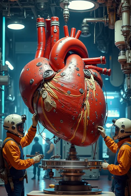 VintageSketch style, YFG-Asak, A group of workers in a high-tech lab carefully constructing a massive, realistic human heart. The heart is suspended in the air, connected to glowing tubes and advanced machinery. Some workers are welding veins and arteries, while others attach muscle fibers and fine details. The environment is futuristic, with blue and red neon lighting reflecting off the heartâs surface. Ultra-realistic, cinematic lighting, 8K, hyper-detailed, anatomical accuracy.