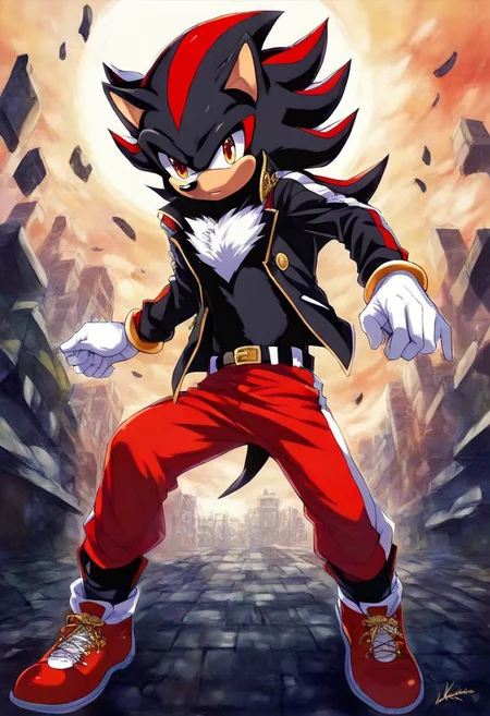 ((kentaro_miura_style:2.0)), eclipse, score_9, score_8_up, score_7_up, score_6_up, score_5_up, score_4_up, masterpiece, perfect face, perfect eyes, solo, 1boy, solo male, shadow the hedgehog, furry, red eyes, black fur, white chest tuft, black open coat, gold bracelets, white gloves, black belt, red pants, red shoes, gold anklets, running, orange aura, spiked hair, hedgehog, city ruins, dynamic lighting, full body, dual wielding handguns, dynamic pose, serious look, ((full body shot:1.5)), cowboy view, male focus, eclipse, outdoors, science fiction