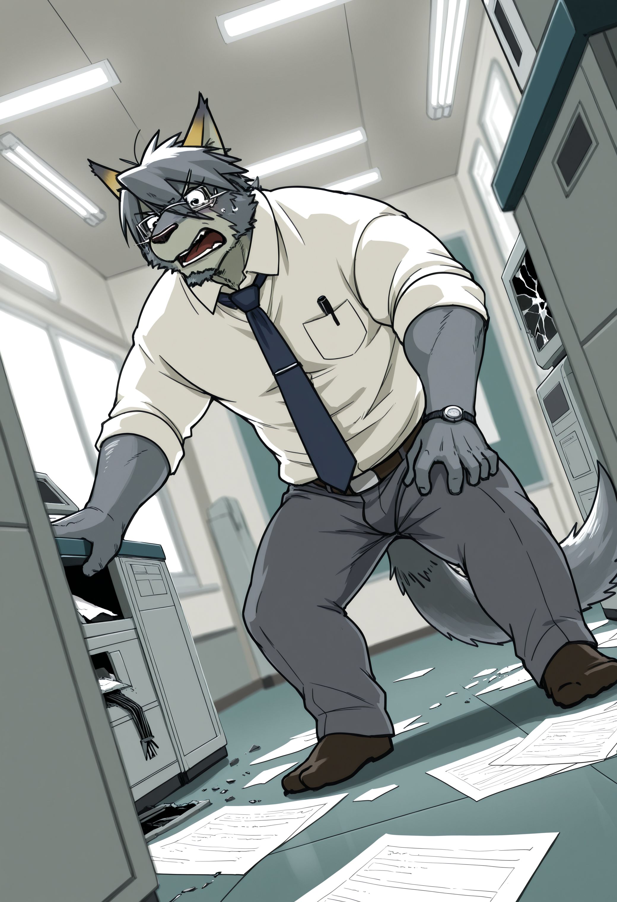 best quality, amazing quality, very aesthetic, absurdres, newest, depth of field, separate focus, dynamic composition, masterpiece, solo, mitsuhisa_aotsuki, morenatsu, bara, facial hair, grey body, two-tone body, black eyes, glasses, standing, angry expression, office interior, broken printer, paper scattered on floor, fluorescent lights, tech frustration, dramatic lighting, modern office, tie loosened, sci-fi elements, malfunctioning device, dutch angle, detailed background, <lora:Mitsuhisa_Aotsuki_Morenatsu_Illustrious:1>
