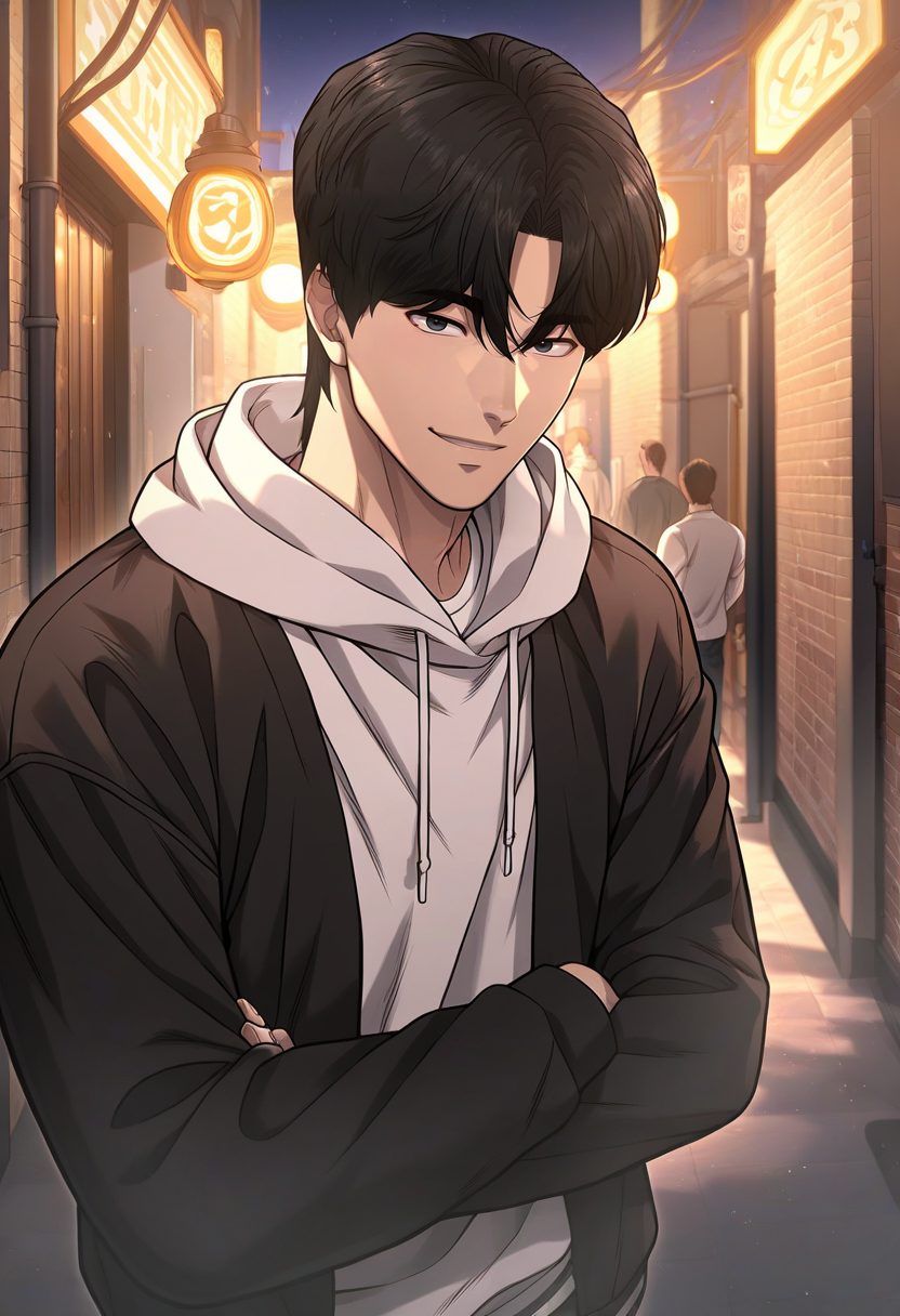 1boy, male focus, solo,
<lora:Character - Questism - Kim Suhyeon:1> kimsuhyeon, black hair, black eyes
,((zPDXL)), score_9_up, score_8_up, score_7_up, score_6_up, score_5_up, score_4_up, best quality, amazing quality, best aesthetic, amazing aesthetic, absurdres, year2023, uncensored, very nsfw, official art, official style,
standing, hoodie, alley, night sky, surrounded, crowd, seductive smile,
