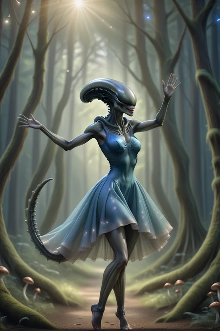 female xenomorph dancing like a ballerina in a forest clearing, arms up, blue flowing silk dress, (tail under dress:1.5) <lora:female_xenomorph_xenowaifu_sdxl:0.7> lips, firefly lights, mystical forest, light rays, mushrooms, crystal lights, laughing