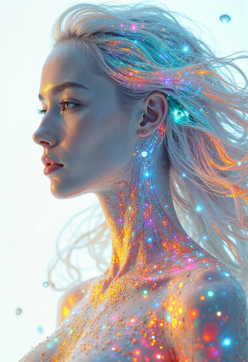 A stunningly beautiful android woman with long, flowing hair crafted from multicolored, translucent plastic semiconductors. Each strand shimmers and glows with an internal light, a mesmerizing display of vibrant hues ranging from electric blue and emerald green to fiery orange and soft pink. The light within the hair seems to shift and change, creating an ethereal aura around her perfectly sculpted face. Her skin, a flawless porcelain white, contrasts sharply with the vibrant colors of her hair. Her eyes, large and expressive, are made of polished obsidian, reflecting the intricate network of colorful semiconductors that frame her face. The backdrop is a stark white, emphasizing the otherworldly beauty of the android. The overall style is hyperrealistic, capturing every detail with photographic precision, yet imbued with an artistic, dreamlike quality. The image evokes a sense of wonder and fascination, blurring the lines between technology and art. The lighting is soft and diffused, highlighting the translucence of the plastic and creating a subtle halo effect around the figure. The composition is centered, drawing the viewer's gaze directly to the android's captivating presence.