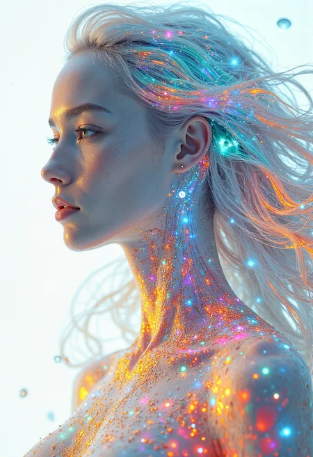 A stunningly beautiful android woman with long, flowing hair crafted from multicolored, translucent plastic semiconductors. Each strand shimmers and glows with an internal light, a mesmerizing display of vibrant hues ranging from electric blue and emerald green to fiery orange and soft pink. The light within the hair seems to shift and change, creating an ethereal aura around her perfectly sculpted face. Her skin, a flawless porcelain white, contrasts sharply with the vibrant colors of her hair. Her eyes, large and expressive, are made of polished obsidian, reflecting the intricate network of colorful semiconductors that frame her face. The backdrop is a stark white, emphasizing the otherworldly beauty of the android. The overall style is hyperrealistic, capturing every detail with photographic precision, yet imbued with an artistic, dreamlike quality. The image evokes a sense of wonder and fascination, blurring the lines between technology and art. The lighting is soft and diffused, highlighting the translucence of the plastic and creating a subtle halo effect around the figure. The composition is centered, drawing the viewer's gaze directly to the android's captivating presence.