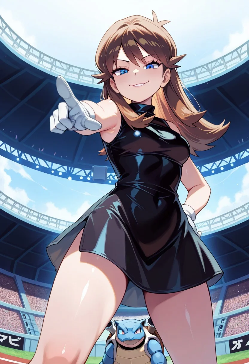 masterpiece, best quality, amazing quality, Blue_PokeSpe, blue eyes, brown hair, black dress, white gloves, solo, 1girl, smirk, stadium, audience, (((Blastoise))), looking at viewer, Pokemon, holding Poke_ball, pointing at viewer,