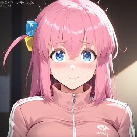 (extremely detailed CG unity 8k wallpaper),eye catching,(masterpiece), (best quality), (ultra-detailed), extremely detailed,(best illustration), an extremely delicate and beautiful ,CG ,unity ,8k wallpaper,solo, smile, masterpiece, best quality, smile, highly detailed, score_4_up, score_anime, score_realstic, gotou1, gotou hitori, solo, skirt, pink jacket, track jacket, bangs, hair between eyes, long sleeves, medium breasts