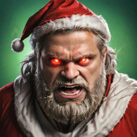 (disney pixar 3d cartoon style:1.4) (jolly Santa clause:1.2) (adult age 19:1.1) sexy smile, overweight, pot belly, large pixar eyes, demonic energy, puffy white beard, red christmas outfit (angry, mad, yelling facial expression:1.3), glowing red eyes, symmetrical face, laser eyes portrait