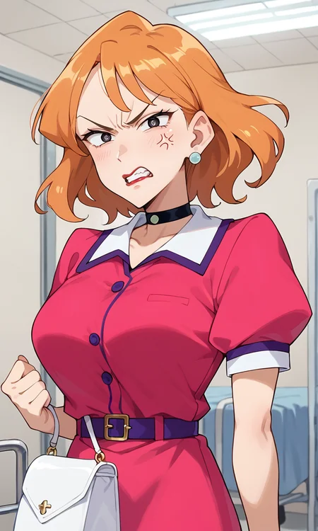 (1girl:1.5), (solo:1.3), (score_9, score_8_up, score_7_up, score_6_up, score_5_up, score_4_up), (source_anime), rating_questionable, looking at viewer, (portrait:1.3), indoors, hospital room,
<lora:matsuzaka-take_v2:0.8> (matsuzaka-take), (angry, small eyes, clenched teeth:1.5), (black eyes, eyelashes, orange hair, medium hair, bangs, earrings, red lips), (pink dress, collared dress, white collar, purple trim collar, puffy short sleeves, purple belt, black choker, white handbag), (large breasts),