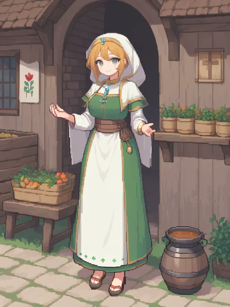 <lora:pixel style-000007:0.7>,pixel style,Visualize a compassionate and beautiful healer in a medieval village. She's dressed in simple, yet elegant medieval garb, tending to the needs of villagers with a gentle touch and a warm smile, known for her wisdom and kindness.