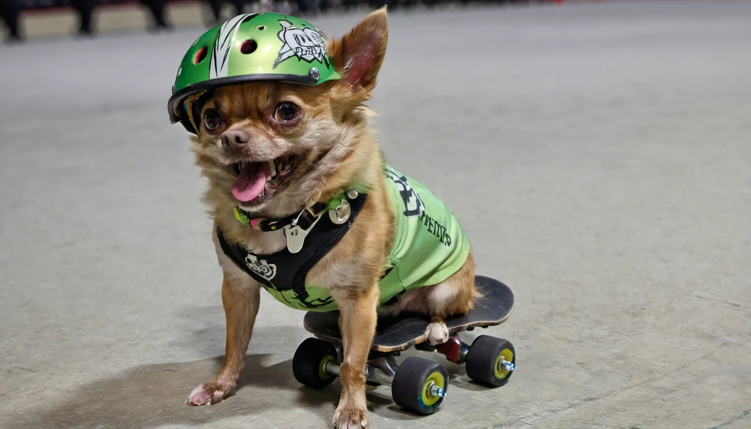Megan,Chihuahua on the sidelines cheering on her favorite women's roller derby team and having an amazing night,skate helmet,team colors are green and black,women's roller derby,skates,cheering,fanfare,<lora:Megan_1.5:1>,
