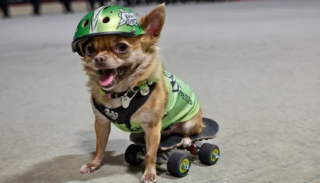 Megan,Chihuahua on the sidelines cheering on her favorite women's roller derby team and having an amazing night,skate helmet,team colors are green and black,women's roller derby,skates,cheering,fanfare,<lora:Megan_1.5:1>,