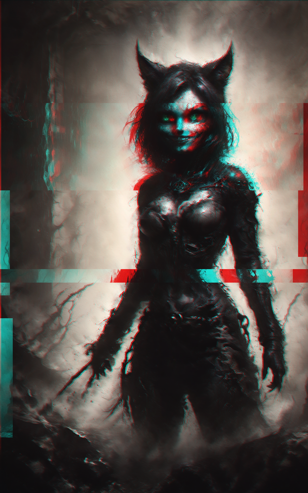 impactful paint, ferocious catgirl Kira, creepy smile, solo, medium cowboy shot, satanic, vivid face expressions, action-packed, dynamic pose, emphasizing dystopian atmosphere, ominous glow, creepy<lora:Desolation:0.85>, <lora:RMSDXL Creative:2.0>, <lora:SDXLFaeTastic2400:1.0>,