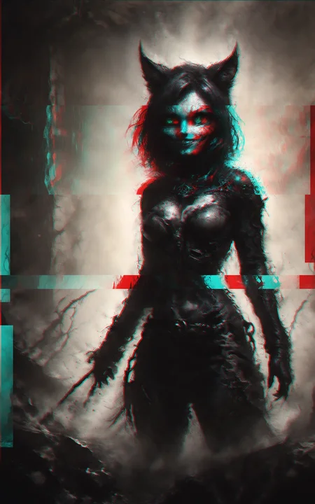impactful paint, ferocious catgirl Kira, creepy smile, solo, medium cowboy shot, satanic, vivid face expressions, action-packed, dynamic pose, emphasizing dystopian atmosphere, ominous glow, creepy<lora:Desolation:0.85>, <lora:RMSDXL Creative:2.0>, <lora:SDXLFaeTastic2400:1.0>,
