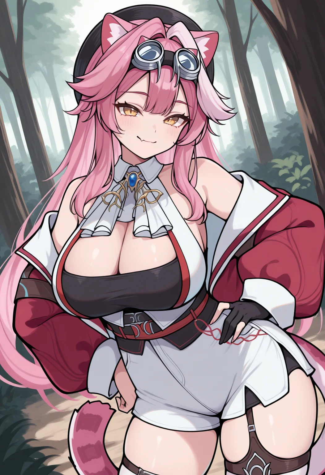 masterpiece, best quality, 1girl, solo, RaoraDefault, yellow eyes, cat ears, pink hair, single white streak, long hair, cat tail, black hat, goggles on head, detached collar, brooch, white shirt, sleeveless shirt, red jacket, cleavage, black corset, white shorts, high-waist shorts, fingerless gloves, single glove, garter straps, white thighhighs, hand on hip, contrapposto, smile, skin fang, outdoors, forest, dutch angle, looking at viewer, <lora:ChamRaoraPantheraIllustriousXL:1>