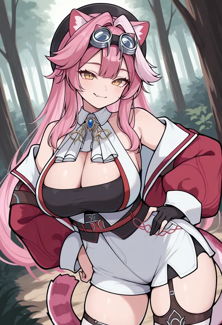 masterpiece, best quality, 1girl, solo, RaoraDefault, yellow eyes, cat ears, pink hair, single white streak, long hair, cat tail, black hat, goggles on head, detached collar, brooch, white shirt, sleeveless shirt, red jacket, cleavage, black corset, white shorts, high-waist shorts, fingerless gloves, single glove, garter straps, white thighhighs, hand on hip, contrapposto, smile, skin fang, outdoors, forest, dutch angle, looking at viewer, <lora:ChamRaoraPantheraIllustriousXL:1>