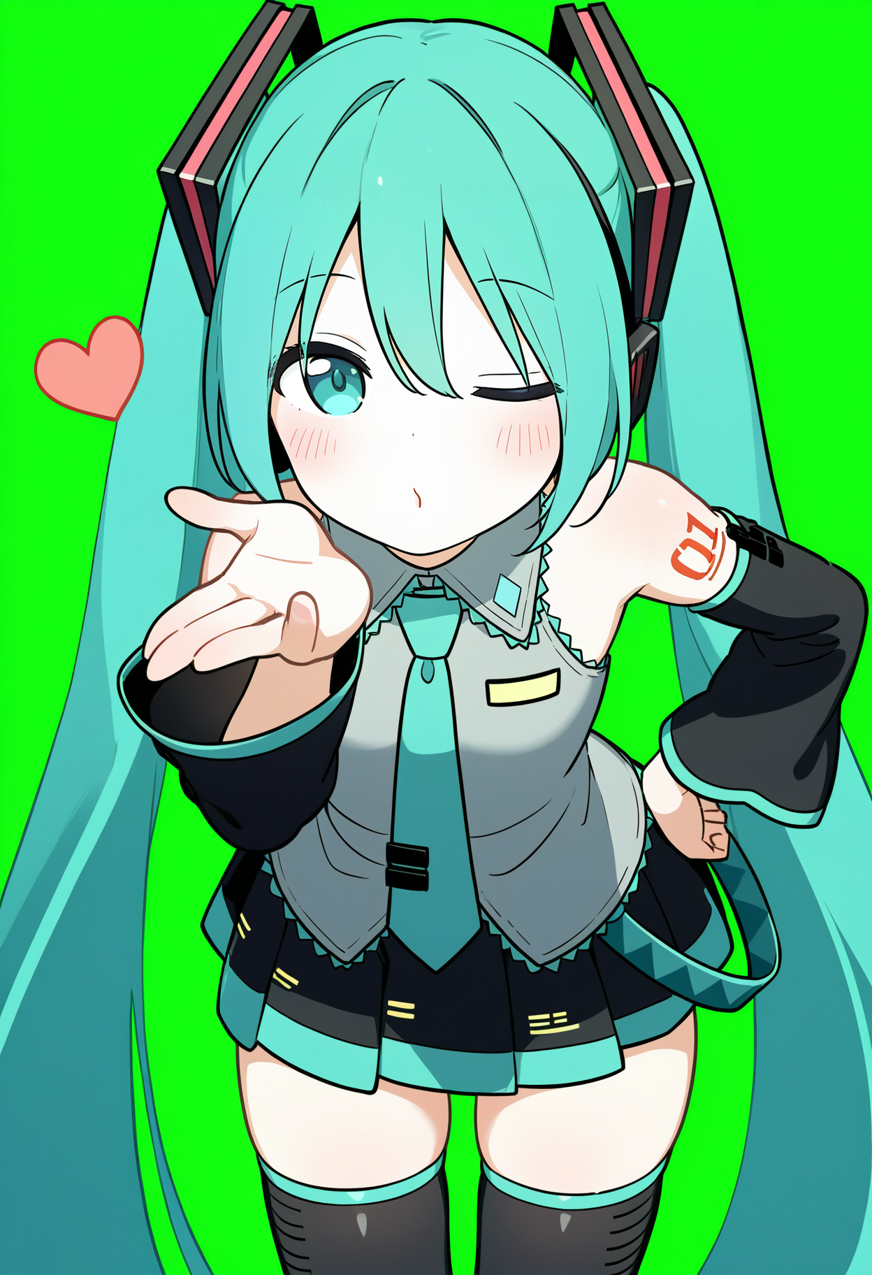 hatsune miku, 1girl, aqua hair, aqua necktie, bare shoulders, black skirt, black thighhighs, blowing kiss, cowboy shot, detached sleeves, flat chest, green background, hair ornament, hand on own hip, headphones, heart, leaning forward, long hair, miniskirt, necktie, number tattoo, pleated skirt, shirt, one eye closed, skirt, sleeveless, sleeveless shirt, standing, tattoo, thighhighs, twintails, very long hair, zettai ryouiki
, masterpiece, best quality, good quality,
<lora:sakurakono_noob-vpred1.0_v2_edm2_p2:1>