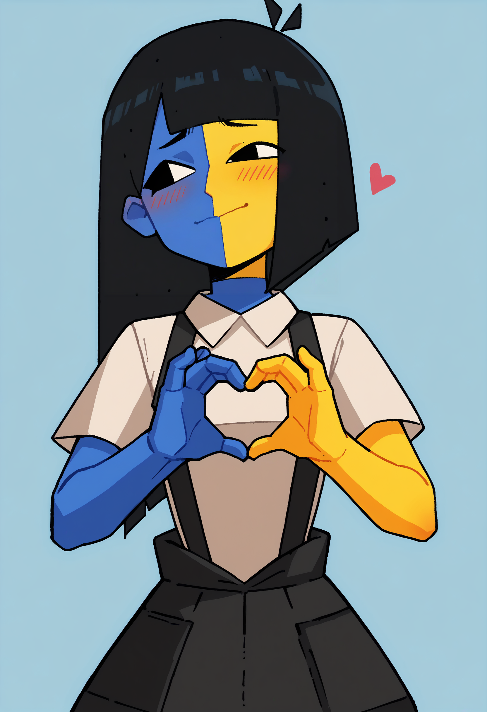 score_9, score_8_up, score_7_up, score_6_up, score_5_up, score_4_up, 1girl, <lora:Ena:0.9> solo, colored skin, yellow skin, blue skin, black eyes, suspenders, shirt, short sleeves, black skirt, heart hands, blush,
light blue background, simple background,