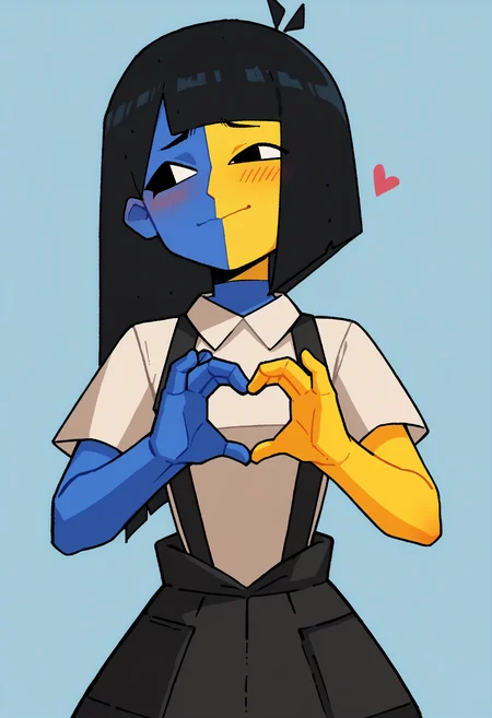 score_9, score_8_up, score_7_up, score_6_up, score_5_up, score_4_up, 1girl, <lora:Ena:0.9> solo, colored skin, yellow skin, blue skin, black eyes, suspenders, shirt, short sleeves, black skirt, heart hands, blush,
light blue background, simple background,