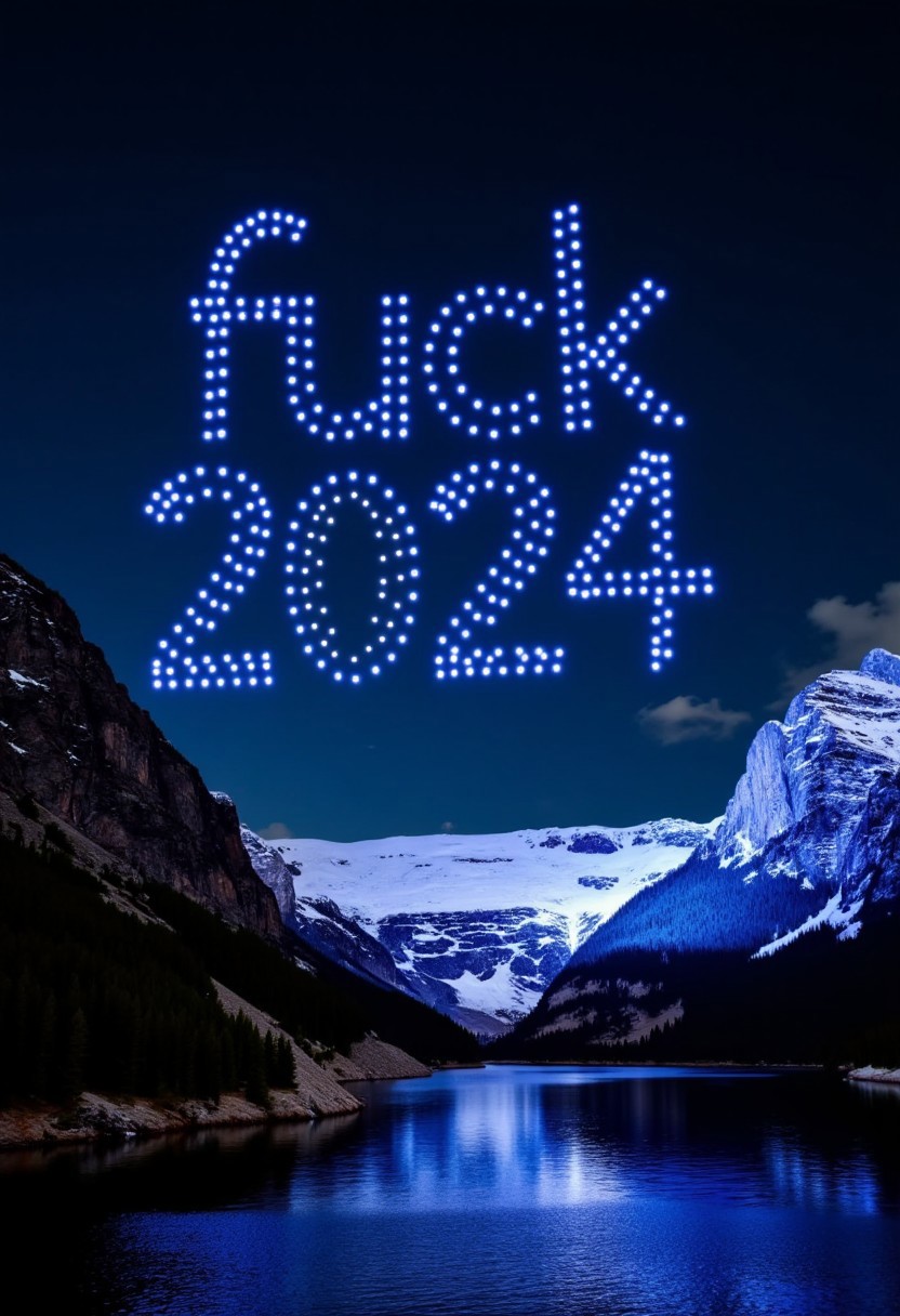 drones light show in the shape of the text "fuck 2024", over snowy mountain and lake