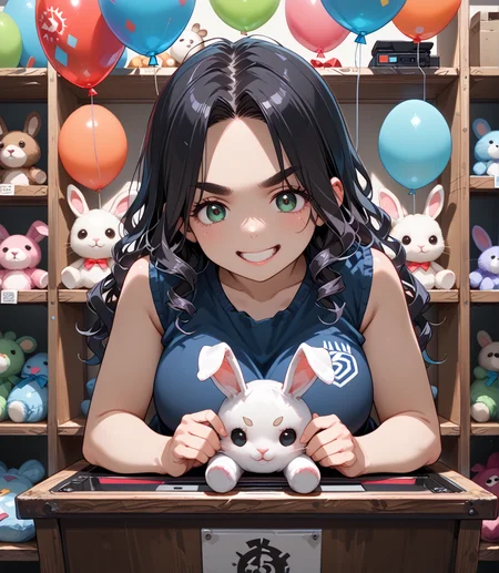 PonyScores7, source_anime, ah1, BREAK 1girl, (curly hair), long hair, (black hair:1.3), mature female, (parted hair:1.7), (round face:1.2), (fringe:-0.5), (bangs:-0.5), (hair between eyes:-0.5), (thick eyebrows), (curvy), round-chin, (greenish hazel eyes), caucasian, (downturned eyes:1.2), (plump face), <lora:ETO_OCPonyXL:0.5> eto_oc, skindentation, (plump), thick thighs, wide hips, busty, voluptuous, kinky curls, lips, <lora:venus body PonyXL:0.4>, (angry, v-shaped eyebrows, crazy smile, crazy eyes, , malice, wrapped smile, shaded facegently, smile, shy), (holding a rabbit), (Game Booth, Lively stall with rows of plush toys hanging on pegs, colorful balloons bobbing in the air, a dartboard with a stack of darts nearby, a ringing bell atop a high striker game, a prize shelf displaying an array of stuffed animals), looking at viewer, (electric purple fisherman's vest), BREAK <lora:xl_more_art-full_v1:0.2>, <lora:shinyskin2:0.2> glistening skin, <lora:aesthetic_anime_v1s:0.2>, <lora:Expressive_H:0.2> Expressiveh, <lora:hairdetailpxl:0.2> hairdetailpxl, <lora:EpicF4nta5yXL:0.2>, <lora:detailxl:0.2> detailxl, <lora:Fant5yP0ny:0.2>, best quality, amazing quality, best aesthetic, absurdres, <lora:expressive eyes:0.2> expressive eyes, <lora:eyedetailpxl:0.2> eyedetailpxl, illustration, Volumetric_Lighting, ultra-detailed, very aesthetic, intricate details, 8k, masterpiece, best_quality, BREAK (split crop), BREAK <lora:Eyes_High_Definition:0.3> EyesHD, Stable_Yogis_PDXL_Positives, AS-Adult, <lora:Complicated fantasy portrait - XL Pony V2.0:0.4>, bad-hands-5,
