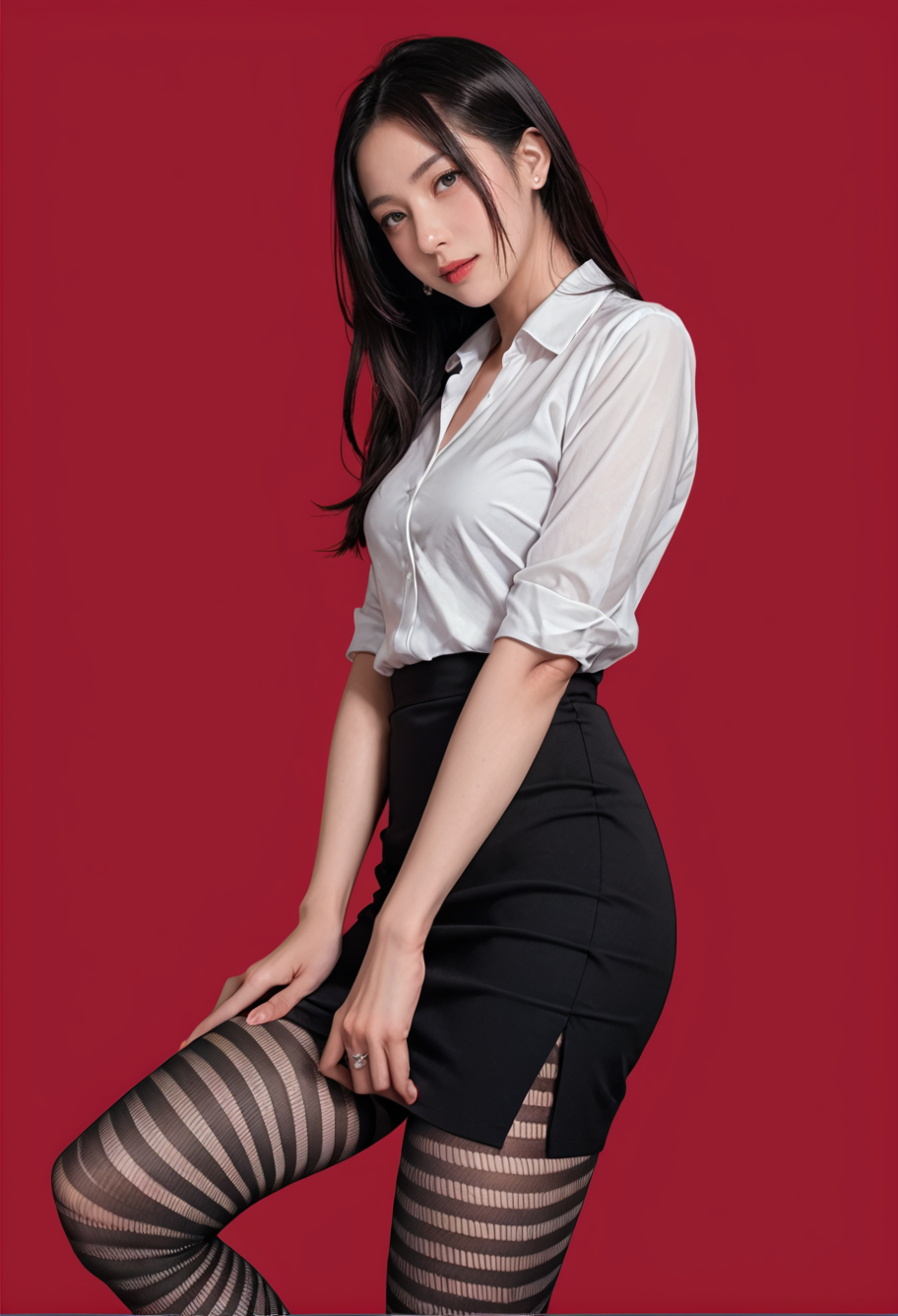 red background,1girl,solo,pencil skirt,white shirt,office lady,
,ruanyi0760,striped pantyhose,<lora:0760 striped pantyhose_v1_pony:1>, score_9,score_8_up,score_7_up,,8k,1girl,solo,
