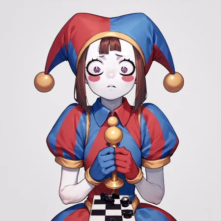 score_9, score_8_up, score_7_up, source_anime, solo, 1girl, giant chess king, pomni, colored skin, blush stickers, jester cap, striped clothes, puffy short sleeves, mismatched gloves