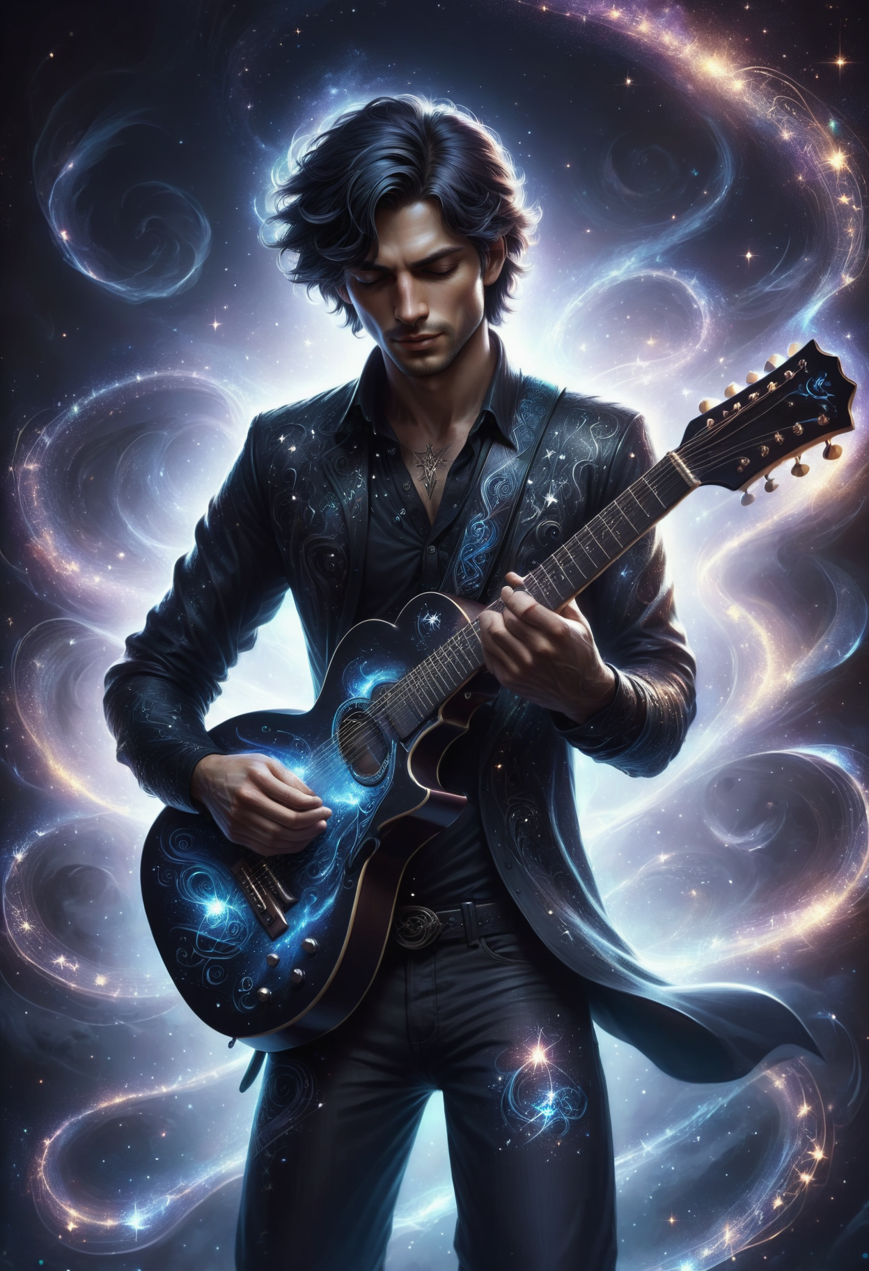 DonMM0rg4n4XL  a cool man playing the guitar, dark mood, ((bright swirls sparkles lines stars)) flowing around him <lora:DonMM0rg4n4XL:1>