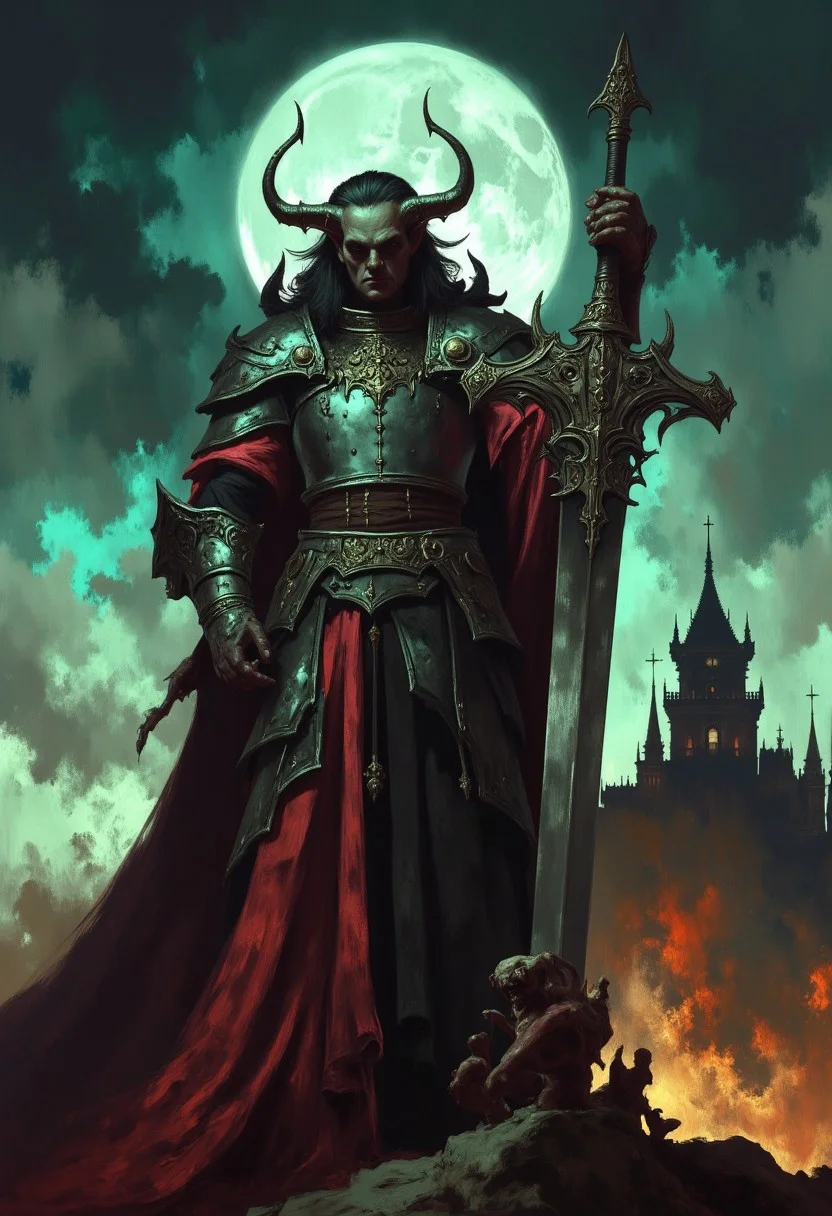 This is a dark, dramatic, digital painting with a gothic, surreal style. Epic portrait of old and scarred warlord, man has dark sikver hair and deep blue eyes, his black armour is rusty and tattered, warlord stands pridefully holding a massive two-handed sword, intimidating and fierce aura, sword is a flamberg, with ornate massive guard and silver blade, the backround is a medieval tower on top of the black mountain, dying ambers and moon, the picture must be higly detailed, dim lightining, epic atmoshere, dark fantasy style, dungeon synth vibe