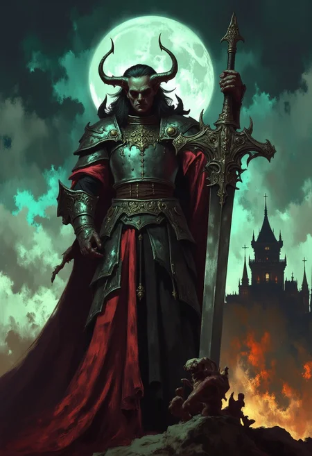 This is a dark, dramatic, digital painting with a gothic, surreal style. Epic portrait of old and scarred warlord, man has dark sikver hair and deep blue eyes, his black armour is rusty and tattered, warlord stands pridefully holding a massive two-handed sword, intimidating and fierce aura, sword is a flamberg, with ornate massive guard and silver blade, the backround is a medieval tower on top of the black mountain, dying ambers and moon, the picture must be higly detailed, dim lightining, epic atmoshere, dark fantasy style, dungeon synth vibe