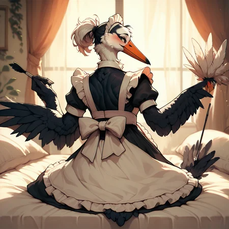 score_9, score_8_up, score_7_up, score_6_up,anthro,  stork, maid uniform, winged arms, holding a feather duster, blush, beak jewelry, black feathers, inside a room, from behind, laying in bed, cartoony,  detailed, <lora:Anthro_birds_for_pony_-_2:0.9>