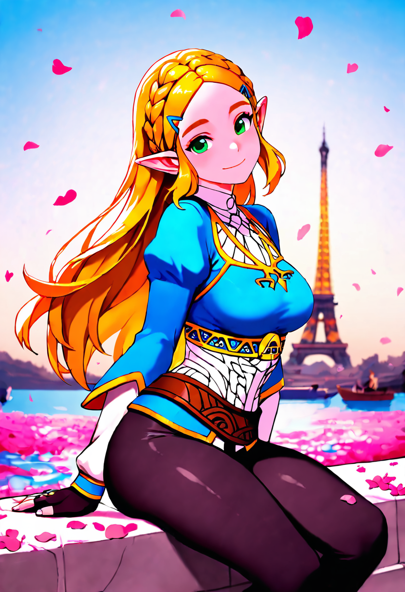 masterpiece, best quality, medium breasts, (curvy),   BREAK,  princess zelda, long hair, crown braid, hairclip, pointy ears, blue shirt, long sleeves, fingerless gloves, black gloves, black pants, tight pants, smile, curvy, head tilt, sitting,  ,,, ,,, <lora:ZankuroStyle_NAI:0.6>,  <lora:EiffelTower_NAI:1.0>,  zzEiffelTower in background,  sitting, watercraft, boat, sitting on wall, side view, looking at viewer, smile,,, blooming stars, luminescent petals, otherworldly fragrance blurry background,