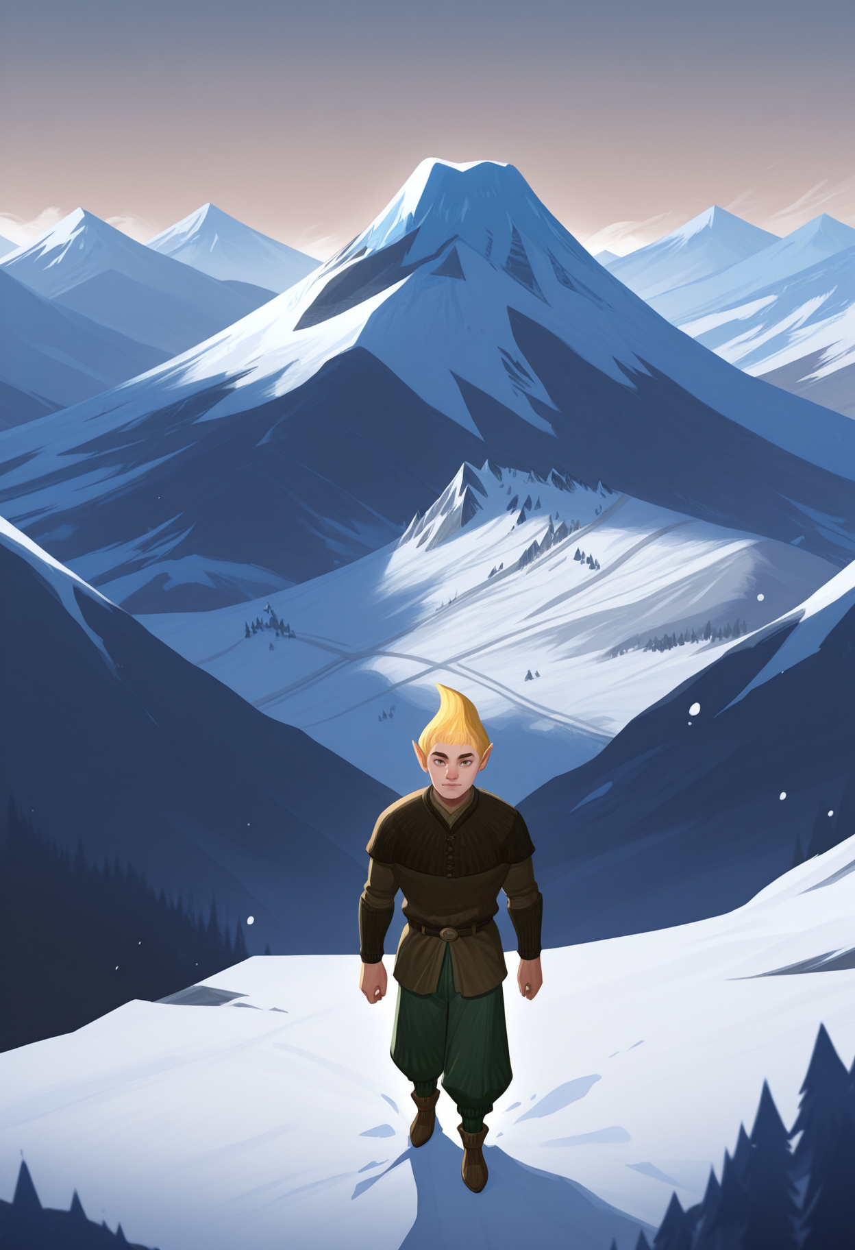 masterpiece, best quality, amazing quality, <lora:adoringFan_illustrious_byJaneB:1>, byazura,1boy, 
, brown shirt, brown shoes, green pants, , , mountain, mountain peak, snowy mountain  <lora:afkJourneyIllustrious2:1.2> afkJourneyStyle