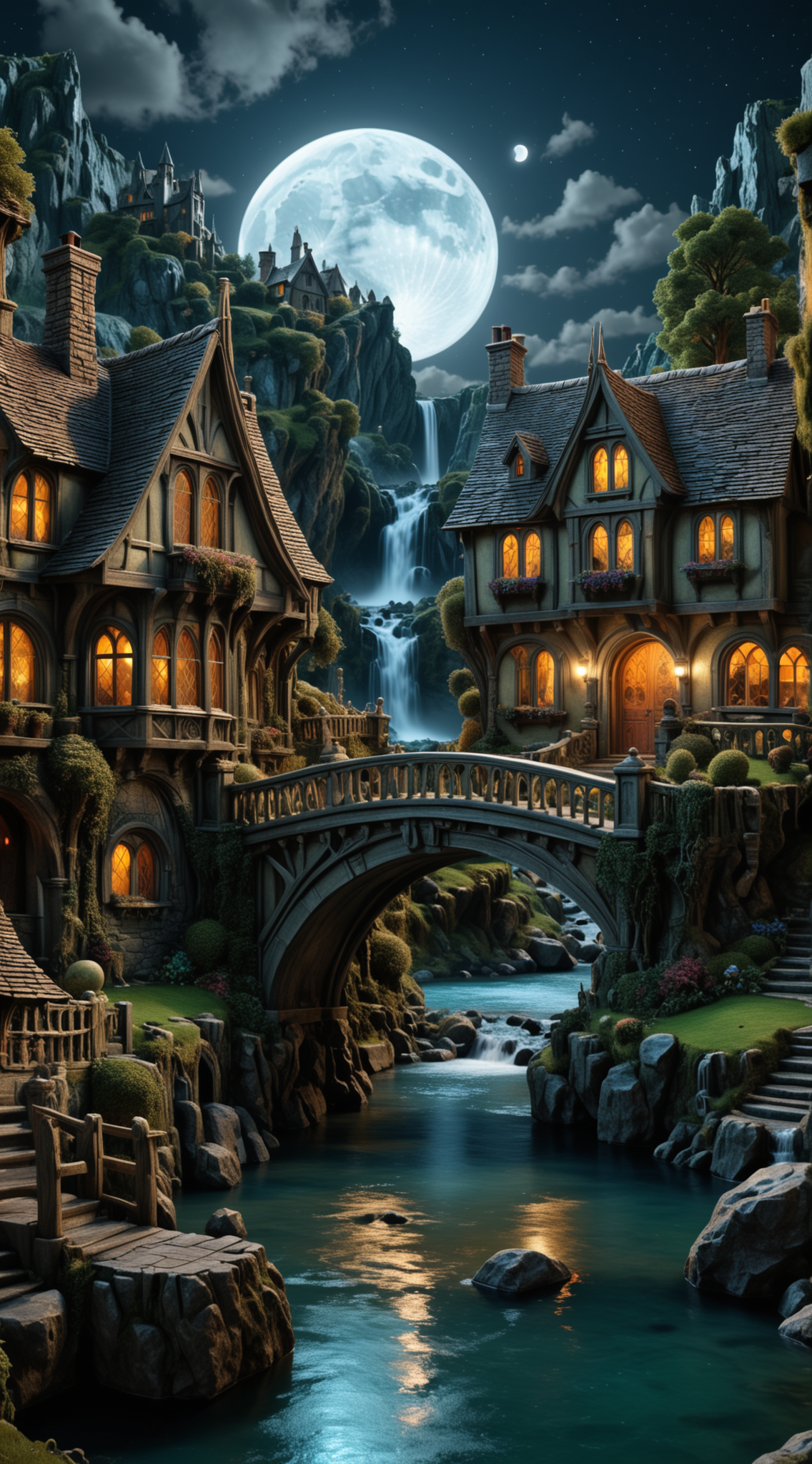 photorealism, intricate details, extremely detailed, masterpiece, masterpiece, Outstanding intricacies, best quality, hires textures, high detail, incredibly detailed, Cinematic Lighting, at night, A hobbits Mansion, River, Bridge, waterfall, Large Marble Moon, intricately detailed, true masterpiece, UHD, vibrant neon, studio quality Overall Detail, Painstaking attention to details, Epic, UHD , <lora:3D_Framed_Wall_Art_-_By_DICE:1>. (3D Framed, Moon), (Use Dream Diffusion Secret Prompt)