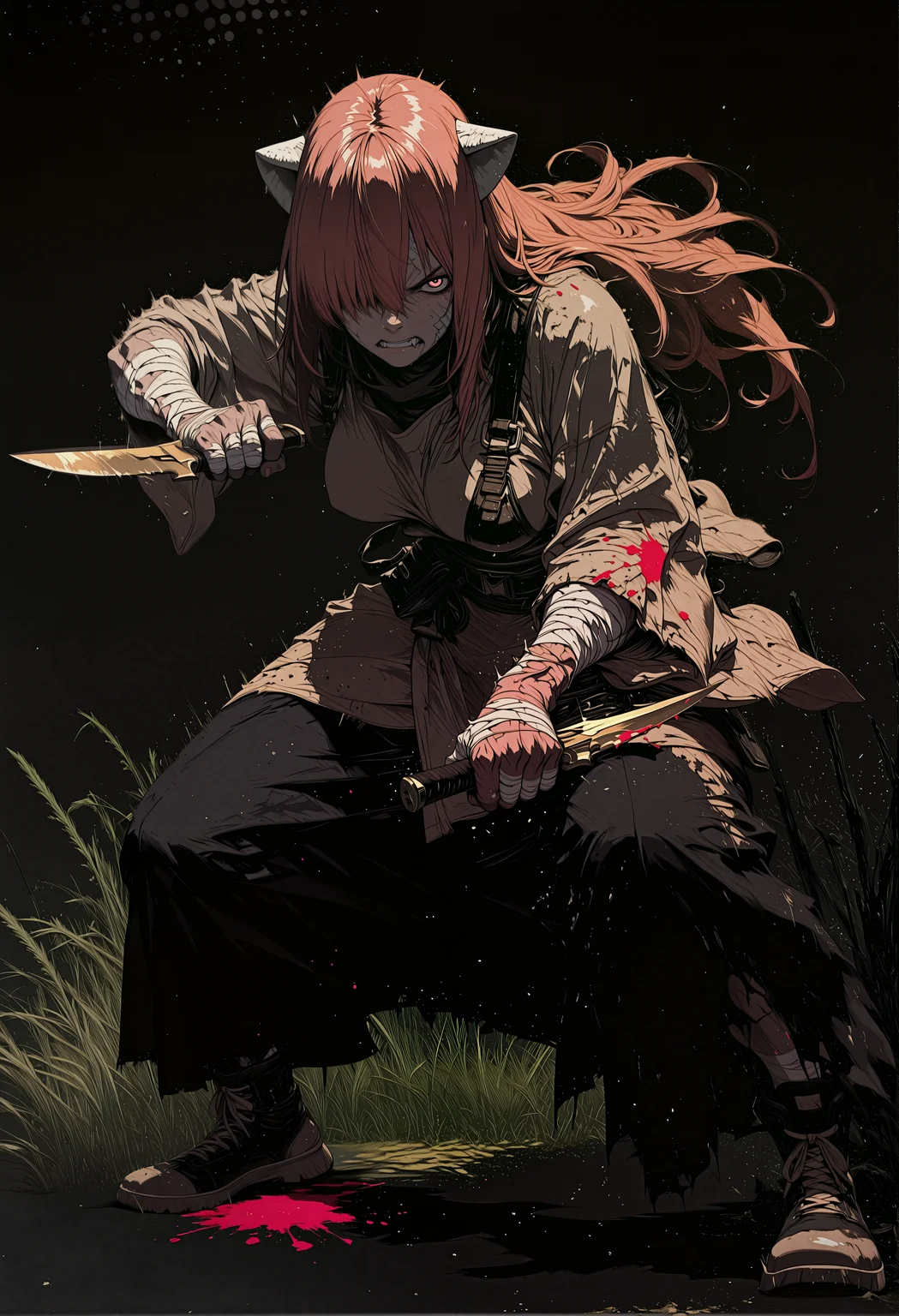rating_explicit, nsfw, masterpiece, best quality, amazing quality, breathtaking attention to detail, 8K, absurdres, highres, ultra detail, high contrast, shindol, S4bit4mago_illu, re4lity_sync_illu, aidmaMJ6.1, Sinozick_illu,gradient,spot color, artwork, Digital art, bold outlines, BREAK, 1girl, ((solo)), kaede, long hair, pink hair, horns, pink eyes, hair over one eye, mature female, breasts, bandaged arms, (detailed skin), (detailed character design), golden knife, holding weapon, (fighting_pose:1.2), [[angry]], (character focus:1.4), close up, multicolored clothes, colored clothing edges, light brown clothes, colorful drapery, Robe, leather Skater skirt, baggy clothes, oversized clothes, Splatter, Halftone_background, Split-Complementary _Colors, dark gray background, harsh shadows, shaded, side light, light depth, paintings, tall grass, simple background,