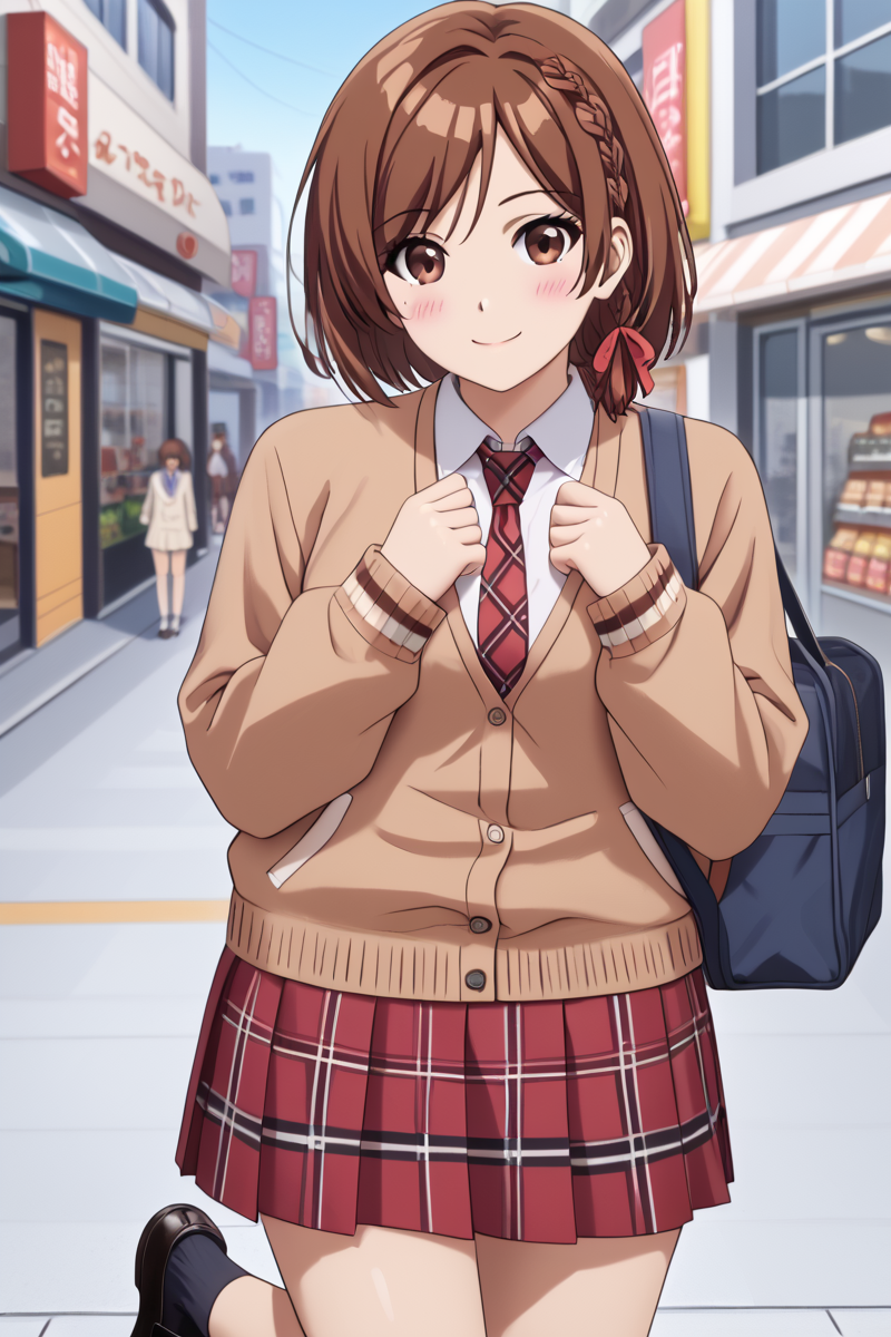 Japanese girl, sakuramori akane, 1girl, solo, looking at viewer, blush, smile, short hair, brown hair, shirt, long sleeves, ribbon, brown eyes, school uniform, hair ribbon, white shirt, braid, necktie, collared shirt, plaid skirt, cardigan, red necktie, single side braid, one hand on chest, brown cardigan, pedestrian, cities shopping district, proportional body, hands up, <lora:HandFixer_pdxl_Incrs_v1:1> contrapposto, (full body), black shoes, black socks, <lora:sakuramori_akane_cnd_pony:1>
