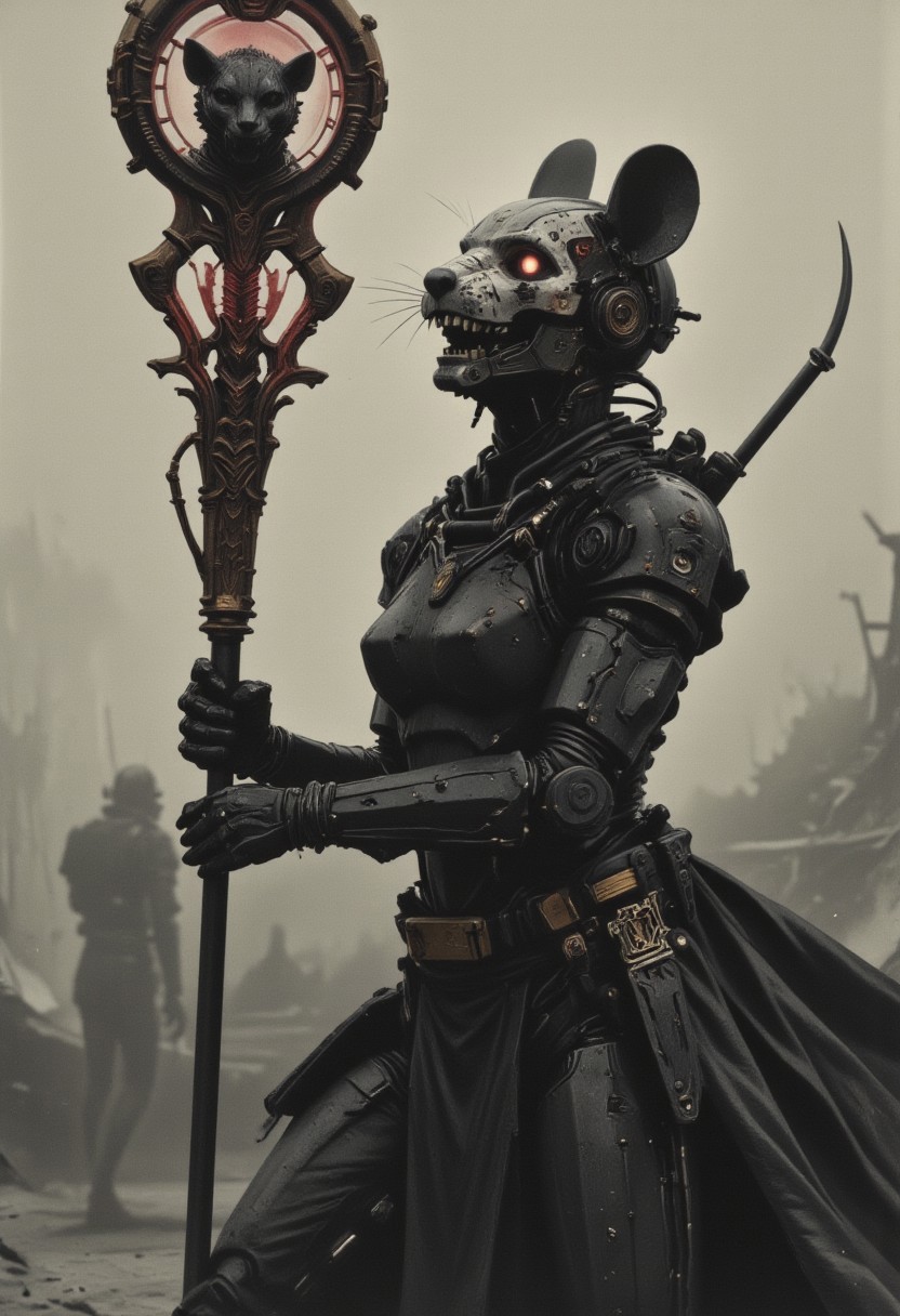 A hyper-detailed analog photo of a laughing anthropomorphic Mouse cyborg in the style of ck-ncr, captured in a dynamic and aggressive combat stance. Her radiant smile exudes confidence and defiance, highlighting the duality of her being: half of her face is organic, glowing with fiery freckles and warm, soft skin, while the other half reveals an intricate network of exposed wiring, microprocessors, and metallic plating. Her mechanical eye softly glows with an intense, almost mischievous energy, perfectly complementing her fierce expression. In her hand, she wields a richly adorned combat staff, its surface carved with intricate designs that spiral upward to a finely detailed cat's head at the top. The staff's faded red highlights contrast sharply against the stark monochrome palette of the scene, drawing the viewer's focus. The monochrome color scheme dominates, with deep blacks, brilliant whites, and a spectrum of grays, punctuated by subtle, worn red tones that add an eerie vibrance to the composition. Volumetric lighting casts dramatic shadows across her metallic and organic features, emphasizing her poised, battle-ready stance. The hazy, hyperpunk-inspired backdrop features smoky contrasts and sleek, futuristic elements, framing the mouse cyborg as a powerful and enigmatic combatant locked in a moment of raw energy and defiant joy.