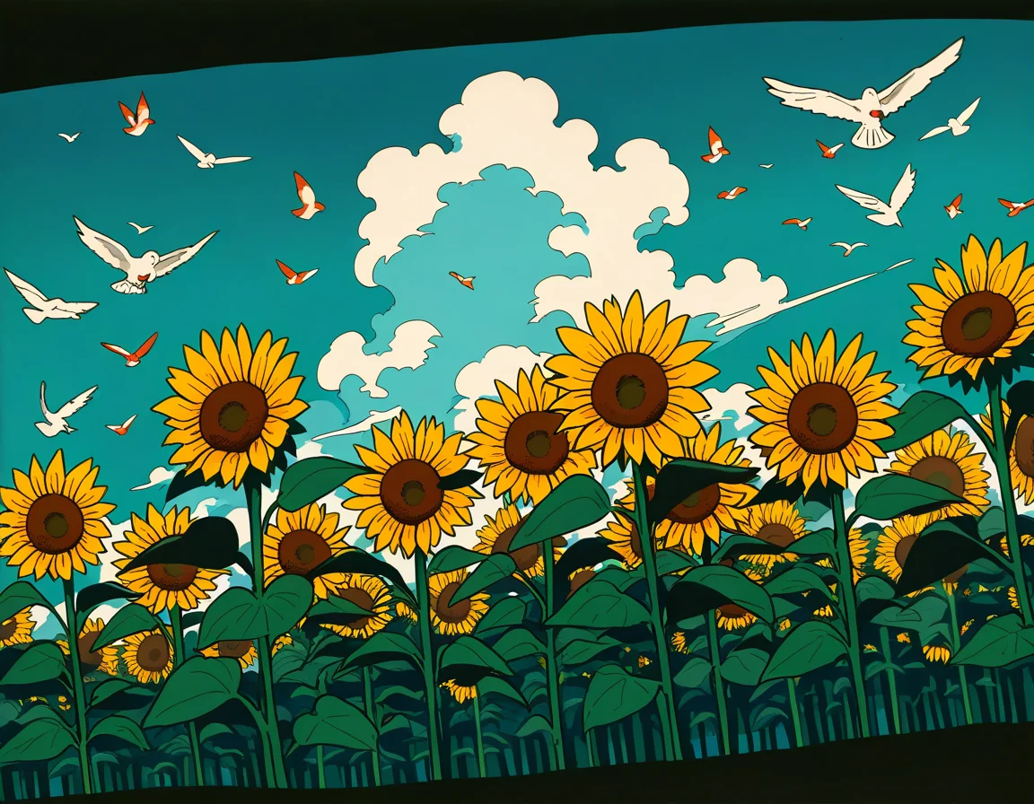 no-humans, sunflower, scenery, clouds, birds, masterpiece, best quality, newest, absurdres, highres, 