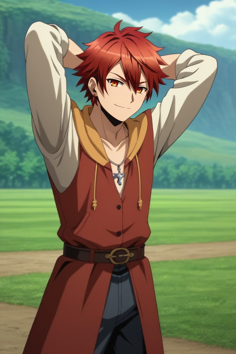 score_9, score_8_up, score_7_up, , rating_safe, , anime screencap, , , , , 1boy, solo, male focus, <lora:akane_divine_gate_pony:0.84>, akane_divine_gate, red hair, orange eyes, short hair, hair between eyes, earrings, focused, hill, dark, arms behind head, naughty smile, medieval costume, <lora:sdxl_lightning_8step_lora:1>